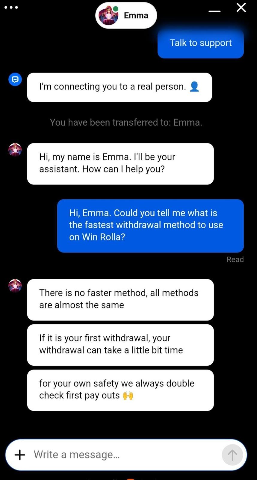 testing Win Rolla live chat