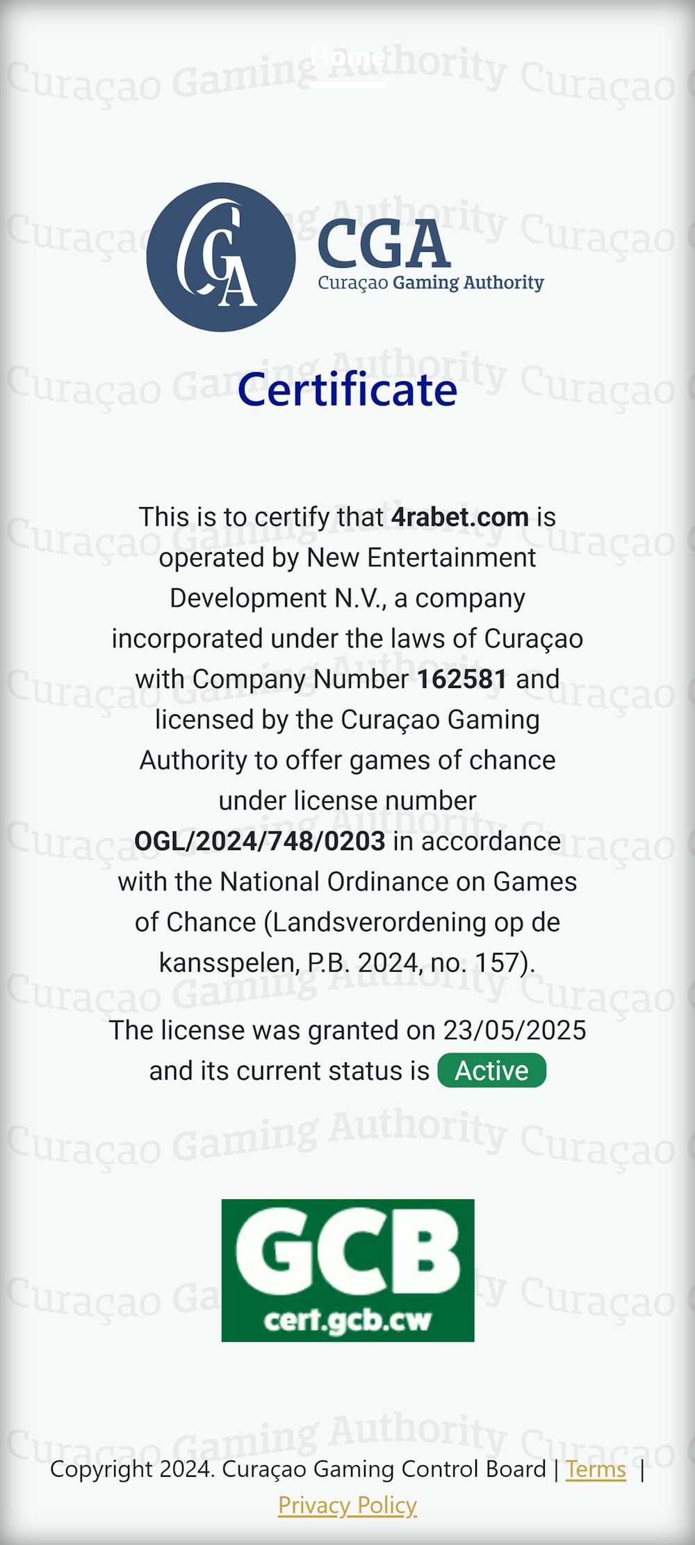 4raBet CGA Licence