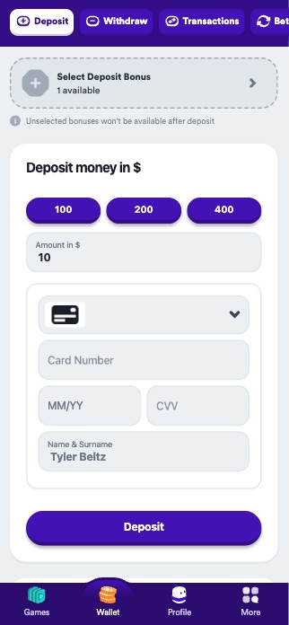 casumo deposit section 