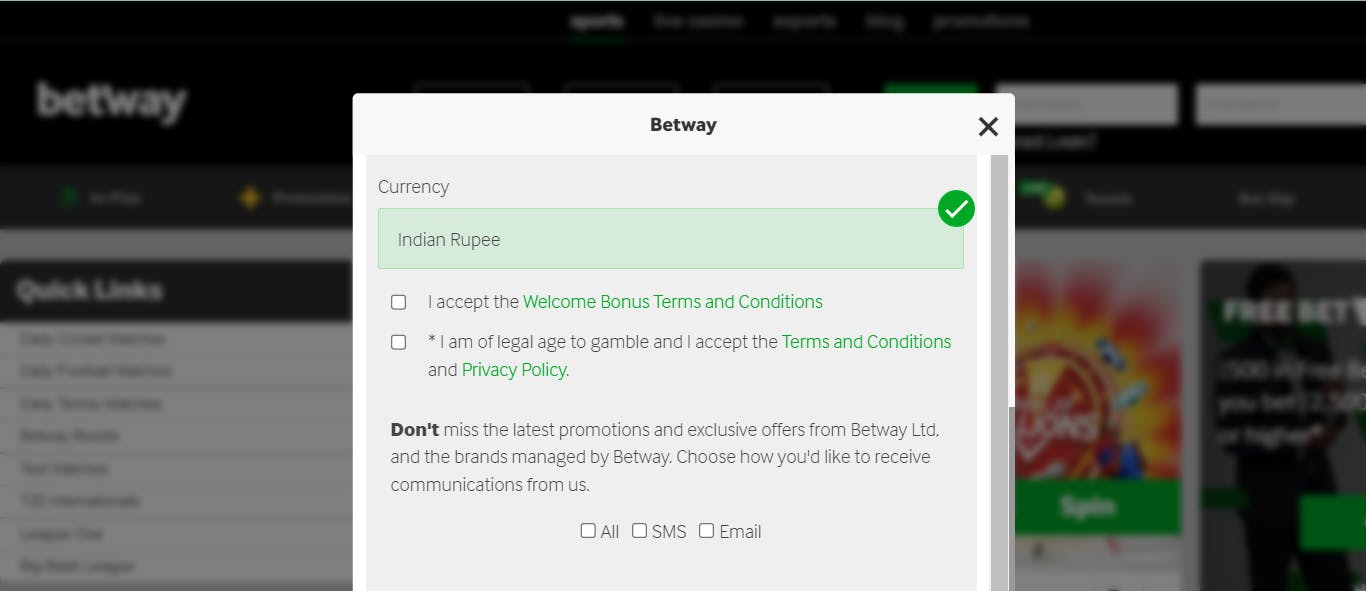 Betway claiming welcome offer