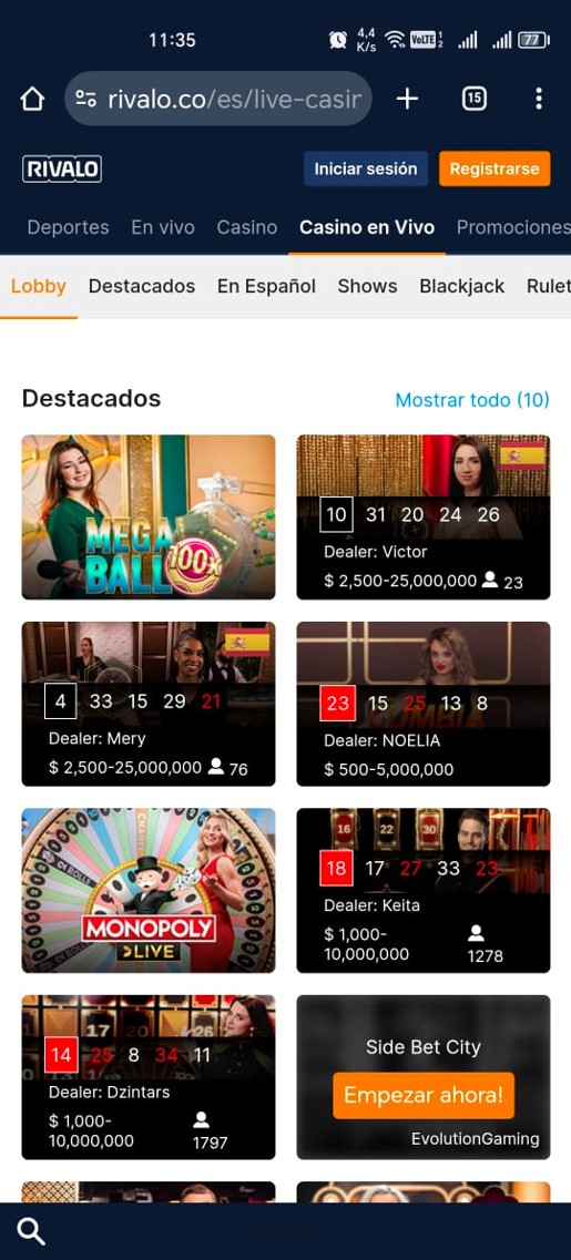 casino en vivo de Rivalo en el celular