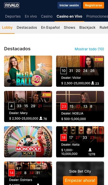 casino en vivo de Rivalo en el celular