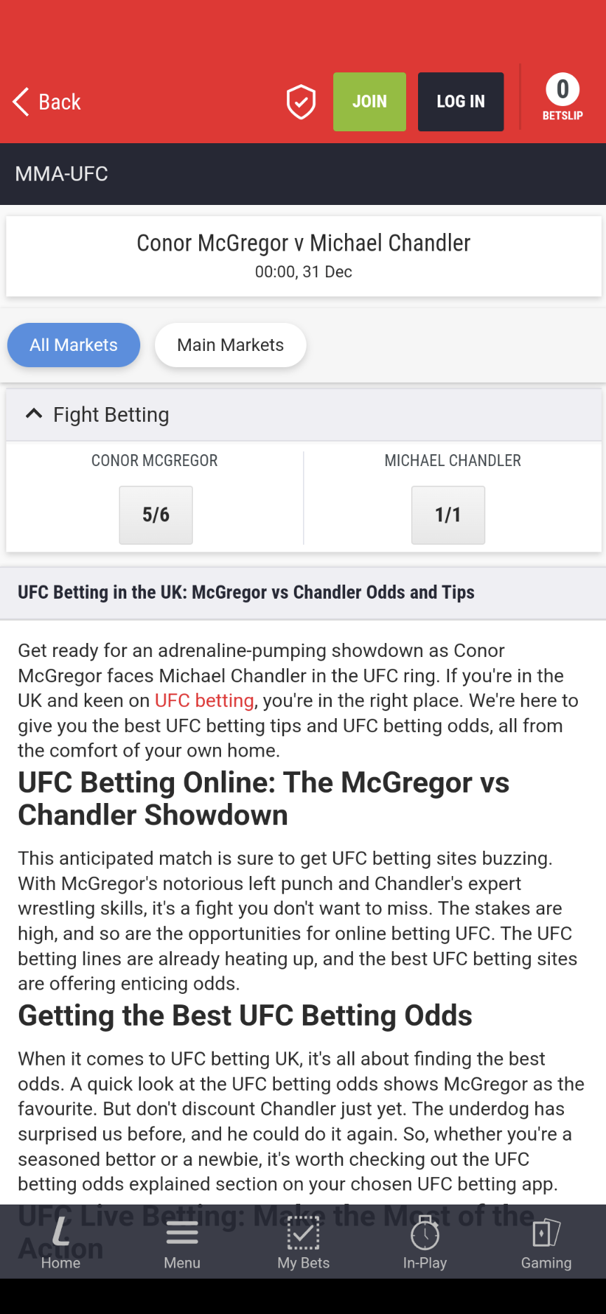 Ladbrokes app UFC betting