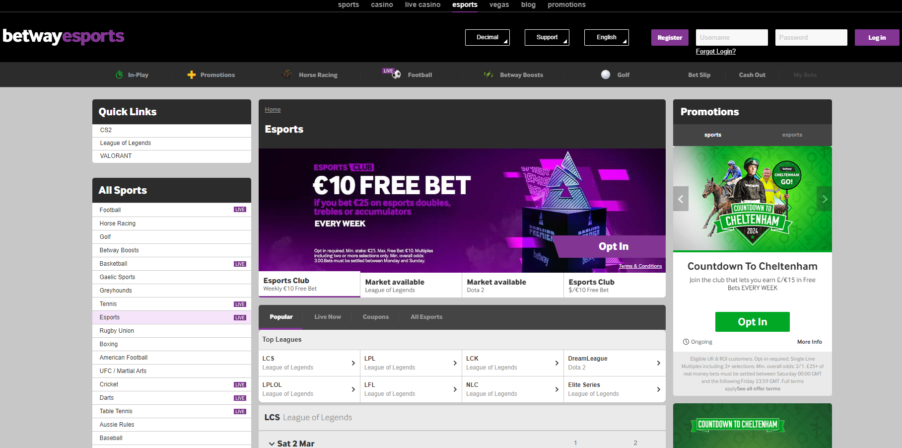 Betway esports Ireland betting