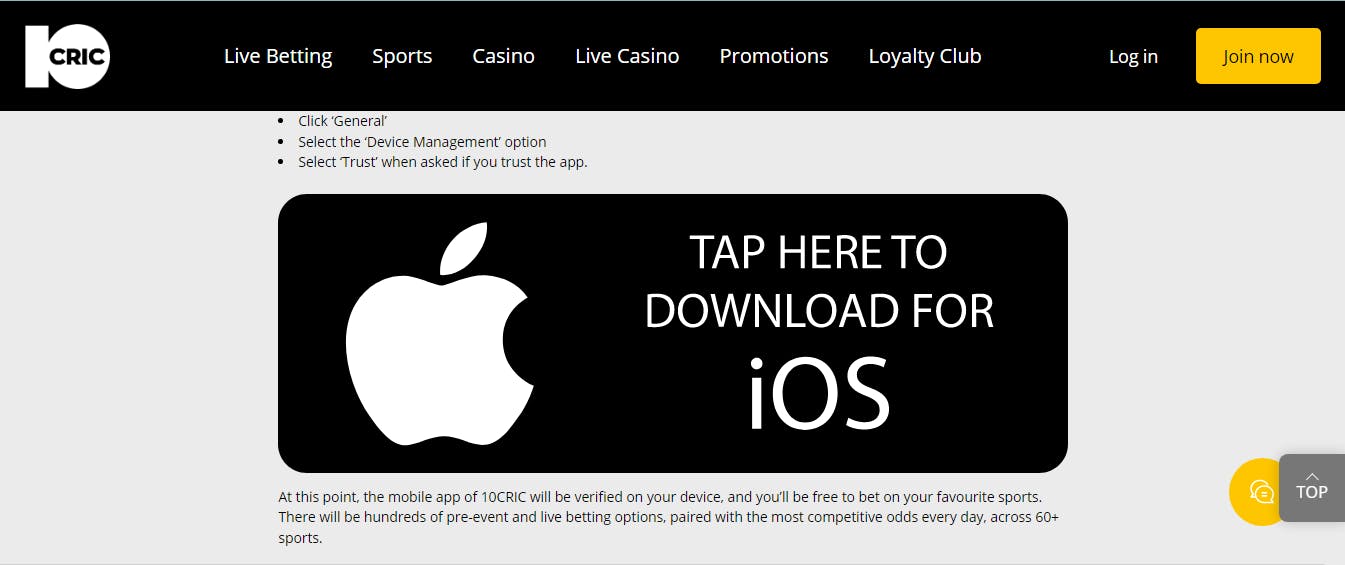 10Cric iOS app download button