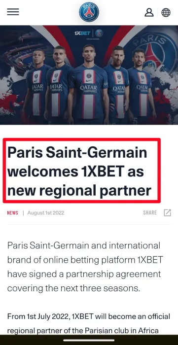 1xbet  スポンサー契約