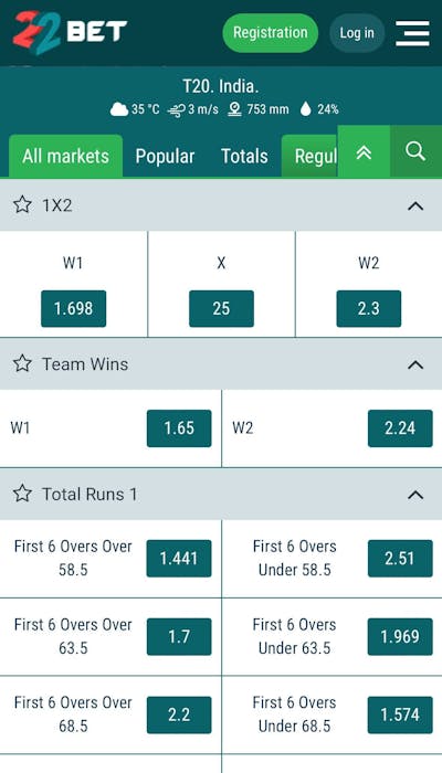 22Bet app t20 betting in India