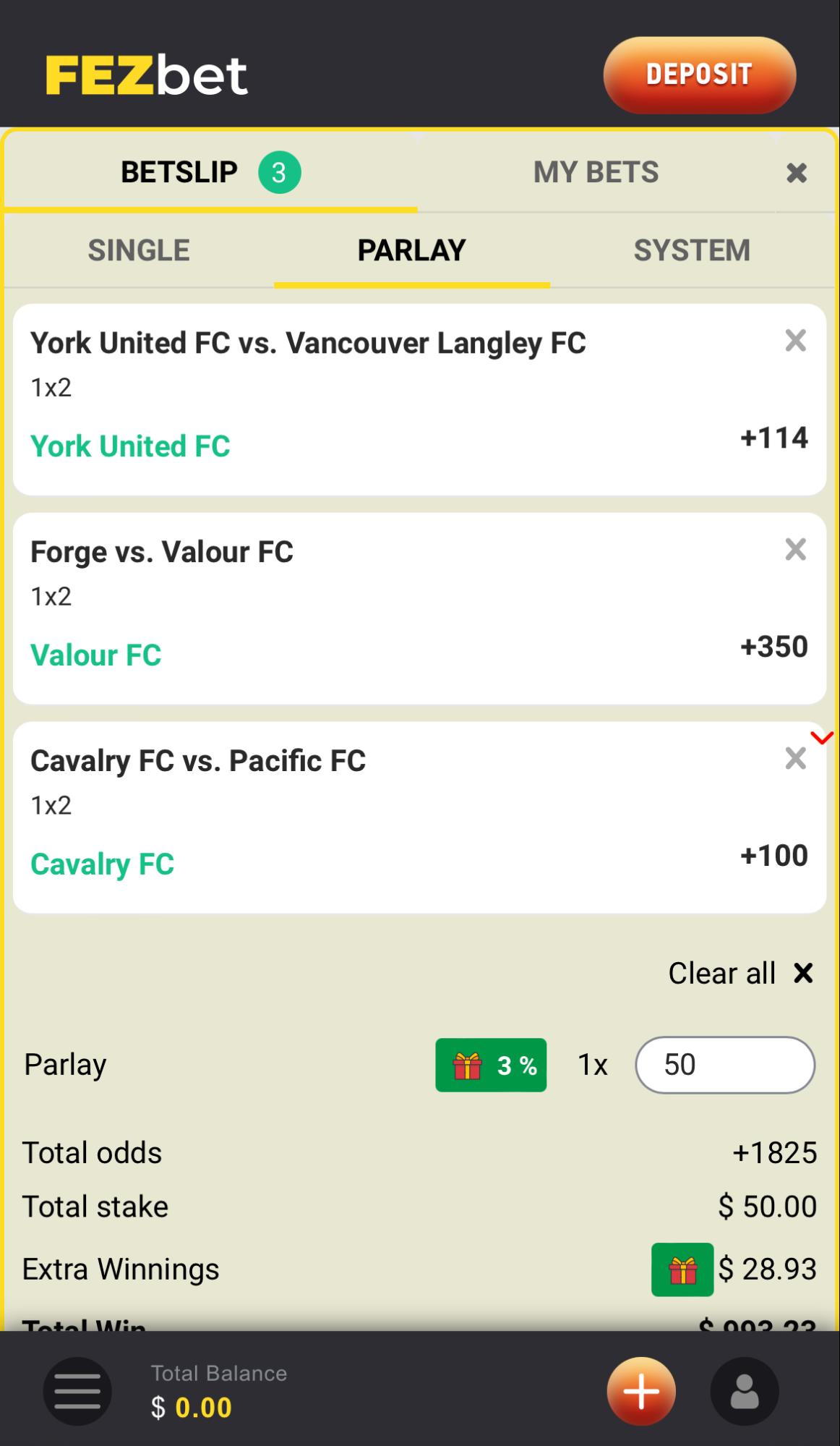 betslip at fezbet sports betting section