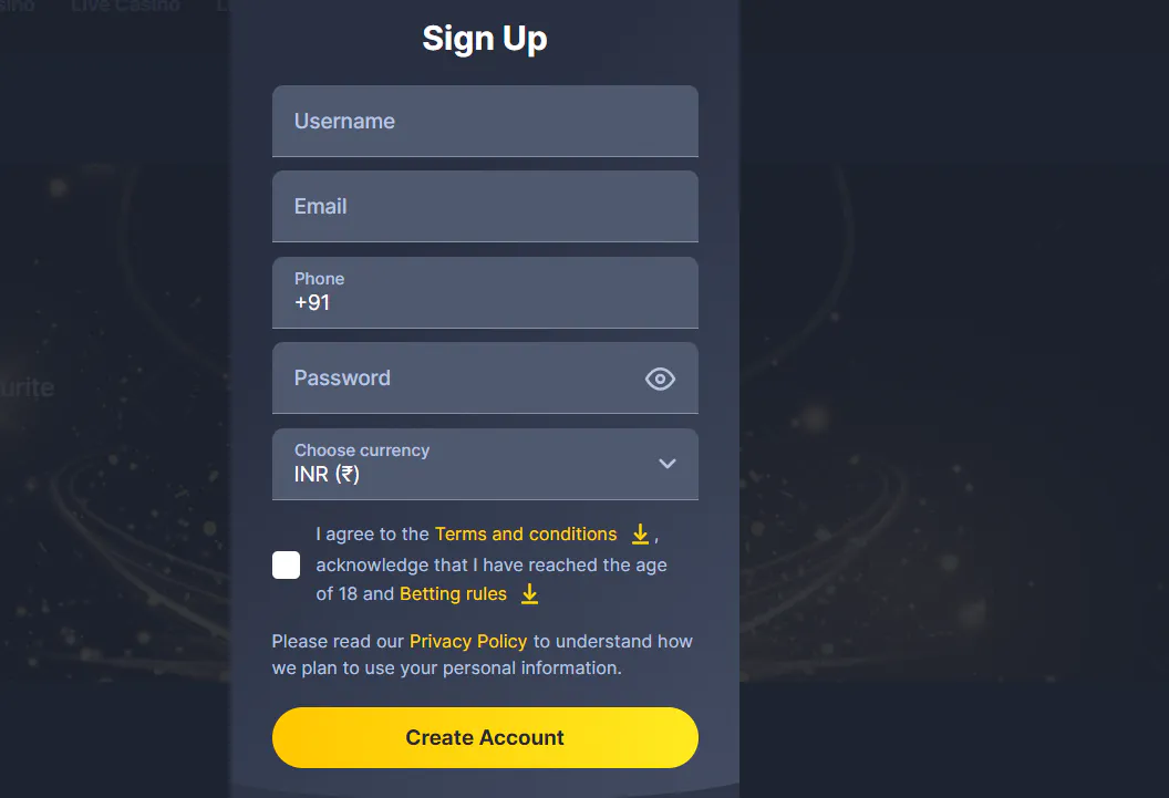 Bettilt sign up form