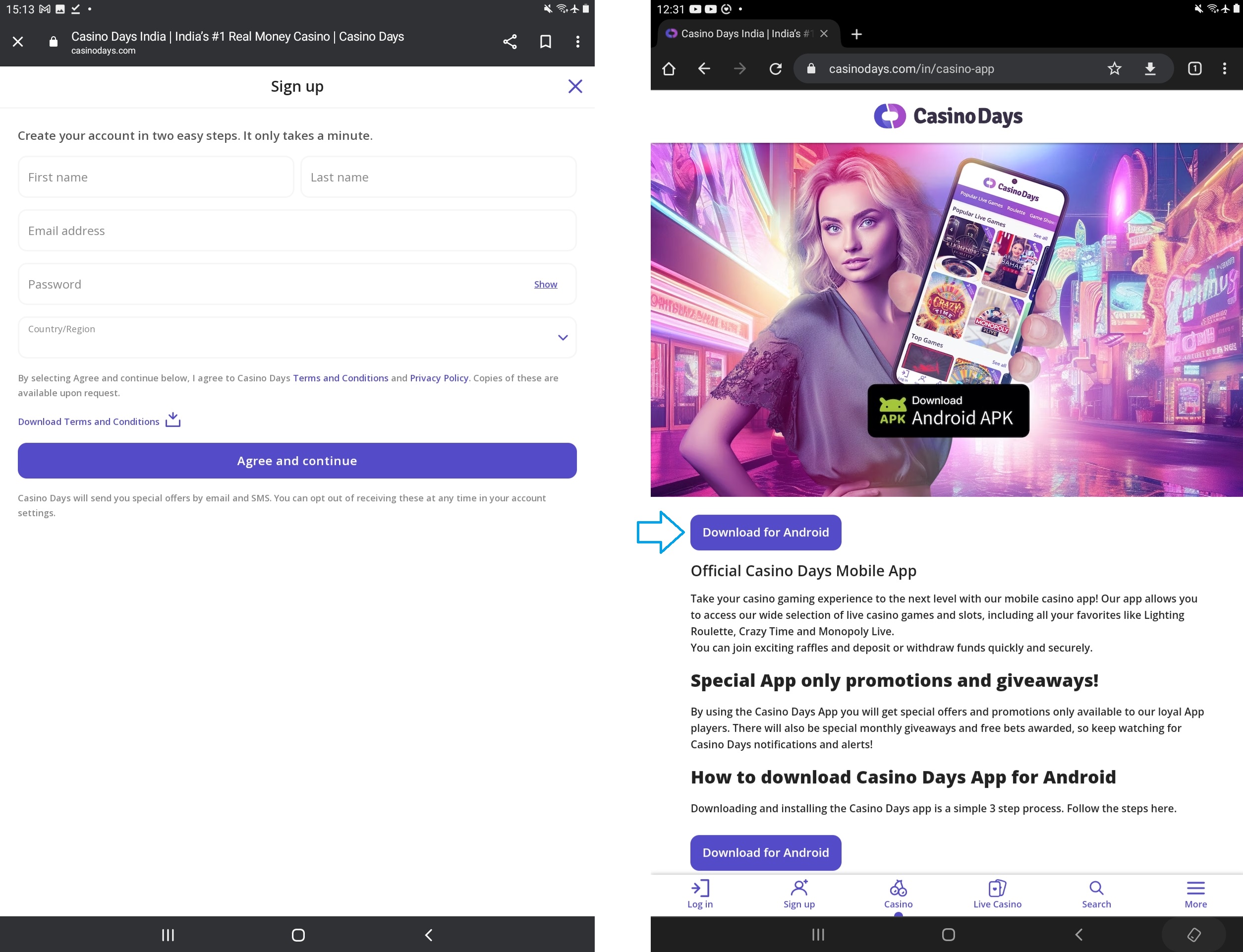 Casino Days Signup and App page