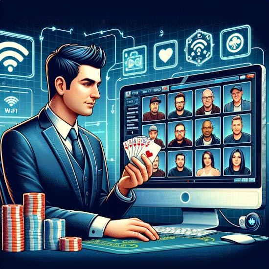 A professional dealer with a deck of cards in hand, next to a state-of-the-art computer screen.