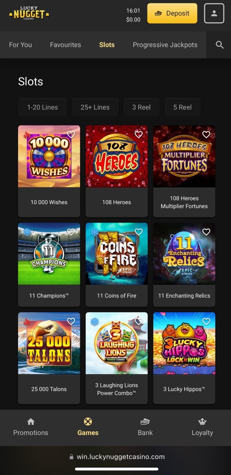 lucky nugget slots selection