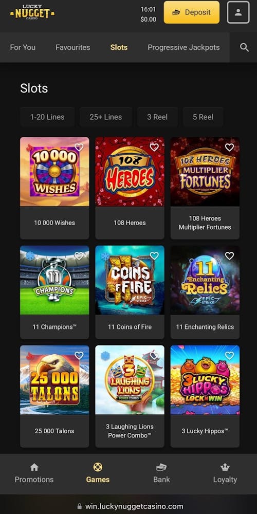 lucky nugget slots selection