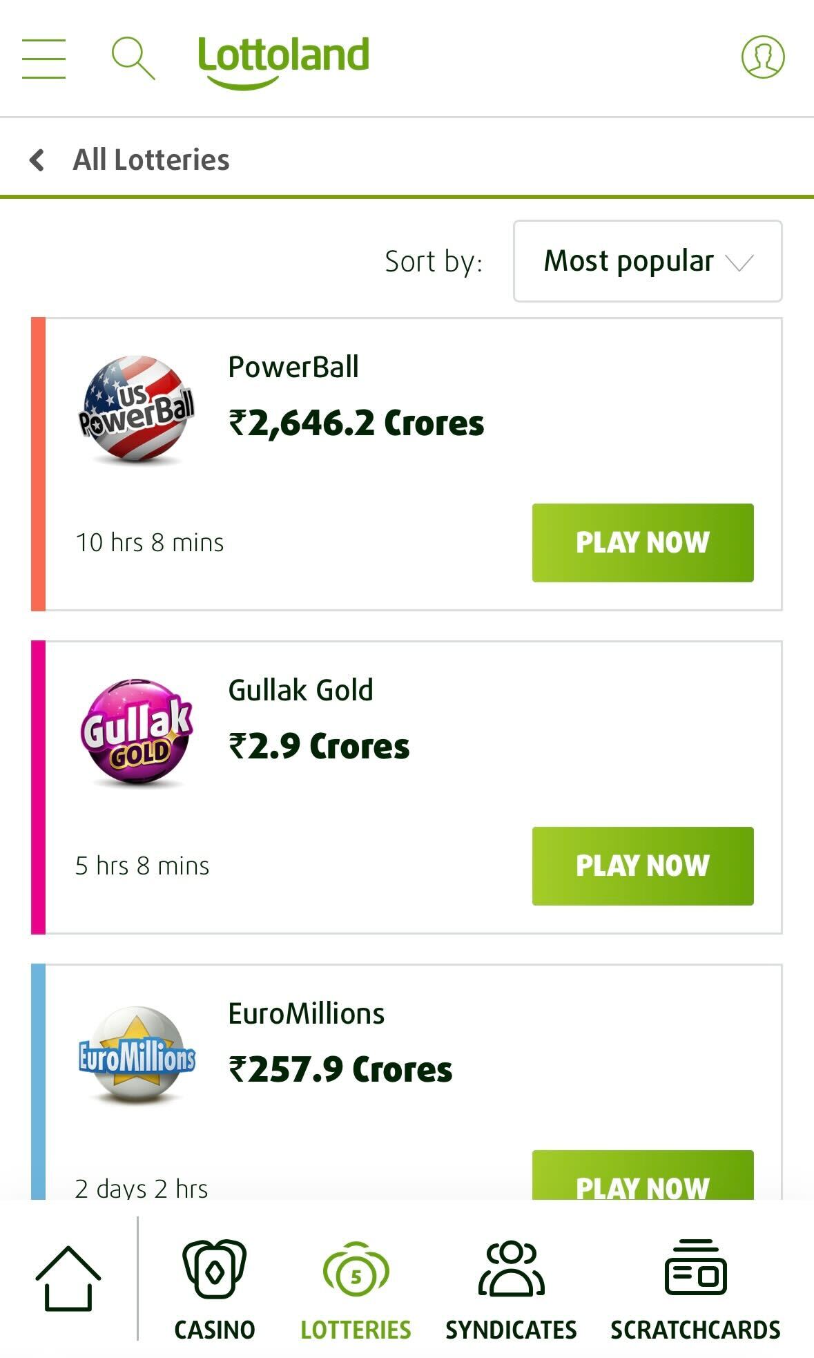 Lottoland app all lotteries page