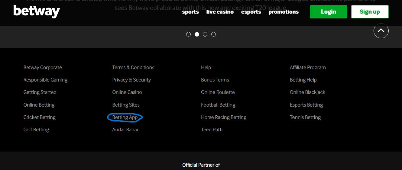 Betway betting app in footer
