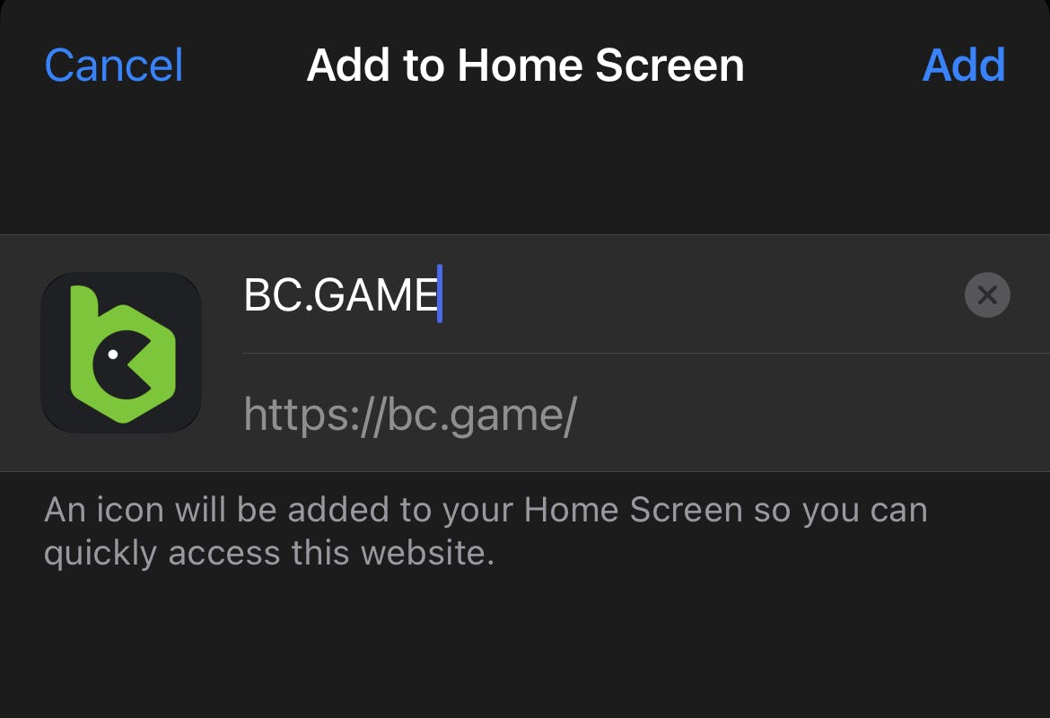 Add BC.Game to home screen on iOS