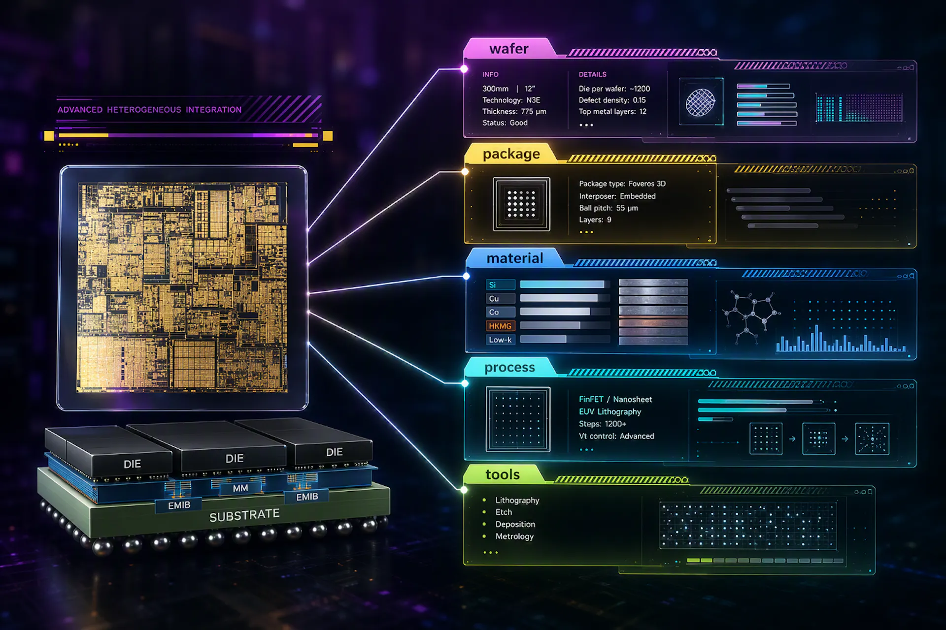 TSMC N3 wafer technology connected to Intel EMIB advanced packaging in an AI semiconductor manufacturing graphic.