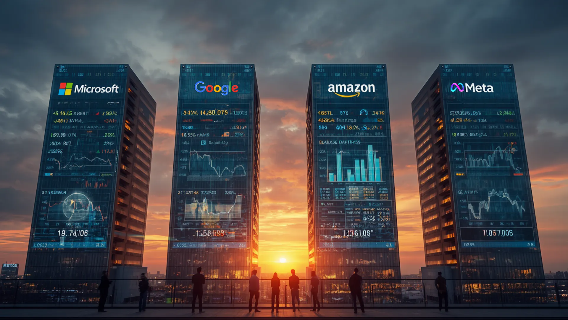 Amazon, Meta, Microsoft, and Google displayed with financial charts, illustrating rising AI capex and growing free cash flow pressure across Big Tech.