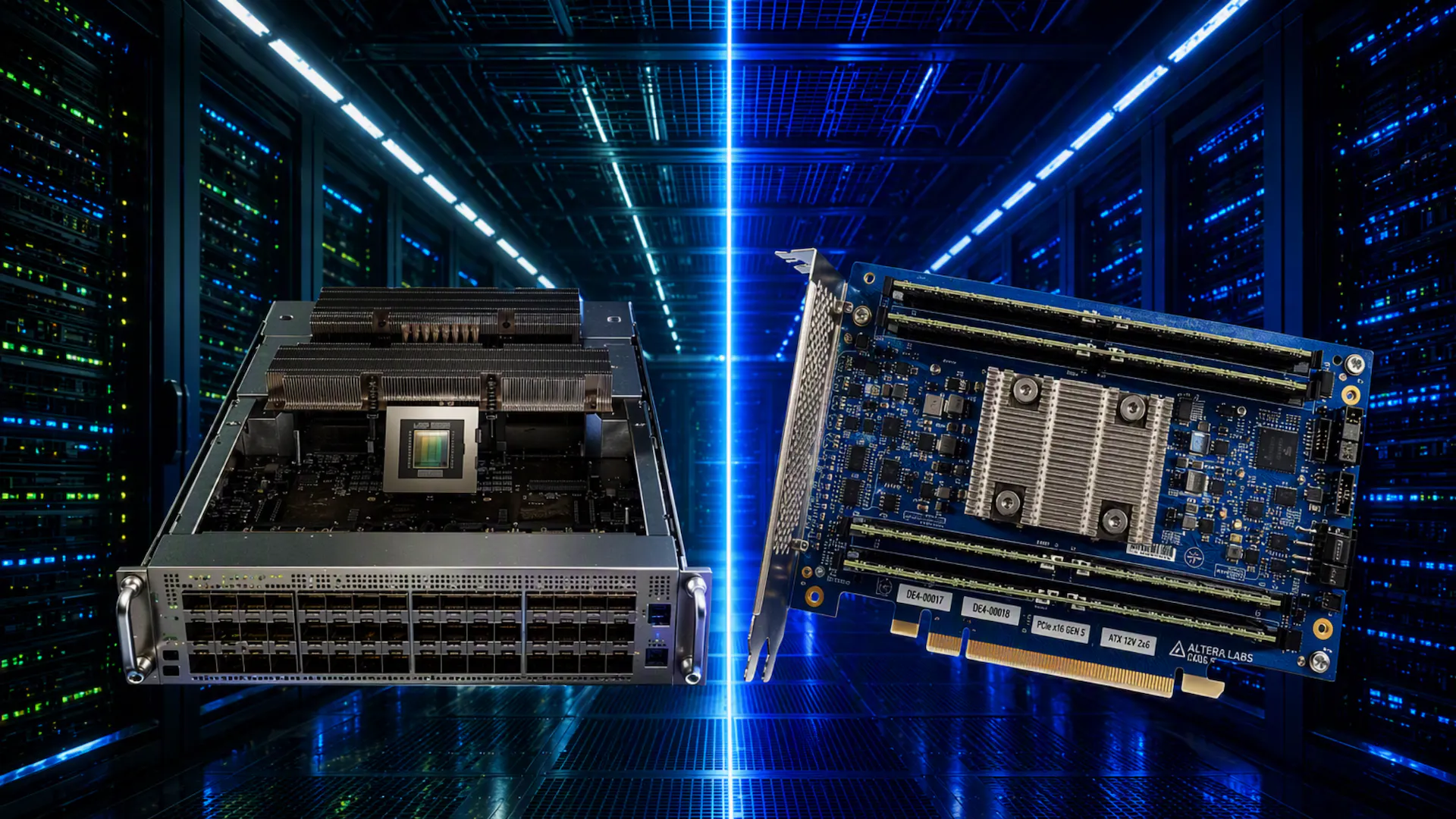 Side-by-side image of an NVIDIA CMX server and a CXL memory expansion card against a data center background.