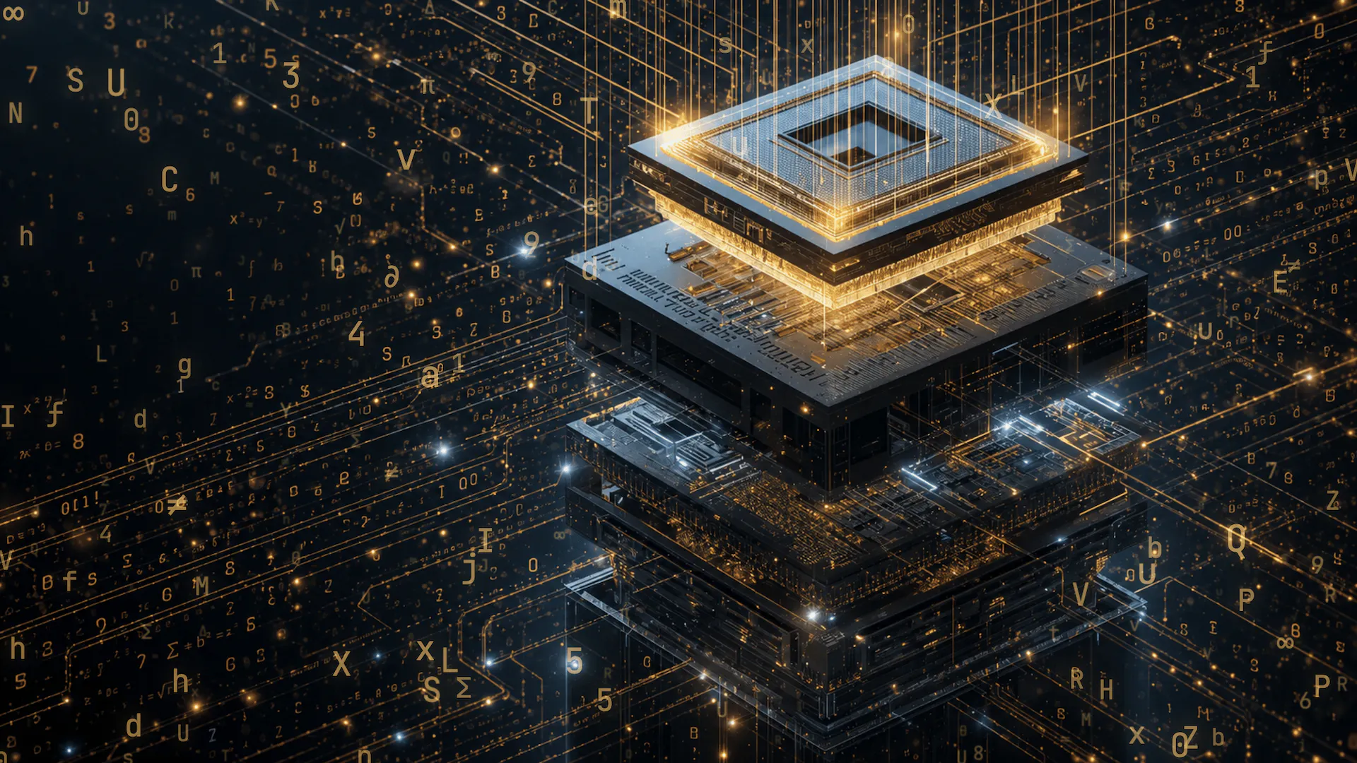 Abstract illustration of layered AI computing hardware processing digital tokens, symbols, and data streams representing AI infrastructure and inference demand growth.