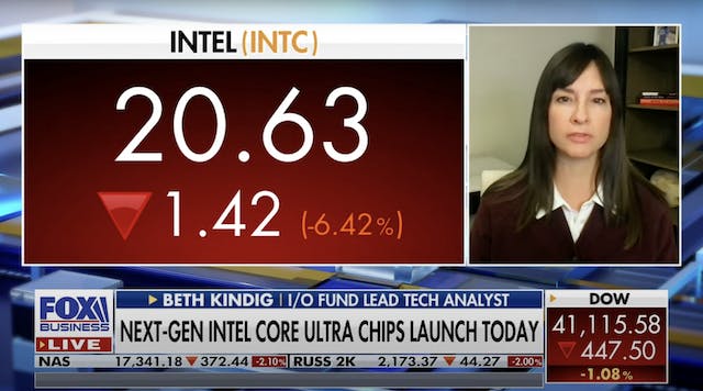 Lead Tech Analyst Beth Kindig discussing Intel stock performance following the release of its next-gen core ultra chips on ‘Varney & Co.’ She is pictured in a studio setting with Intel’s logo and graphics about the new chips.​⬤