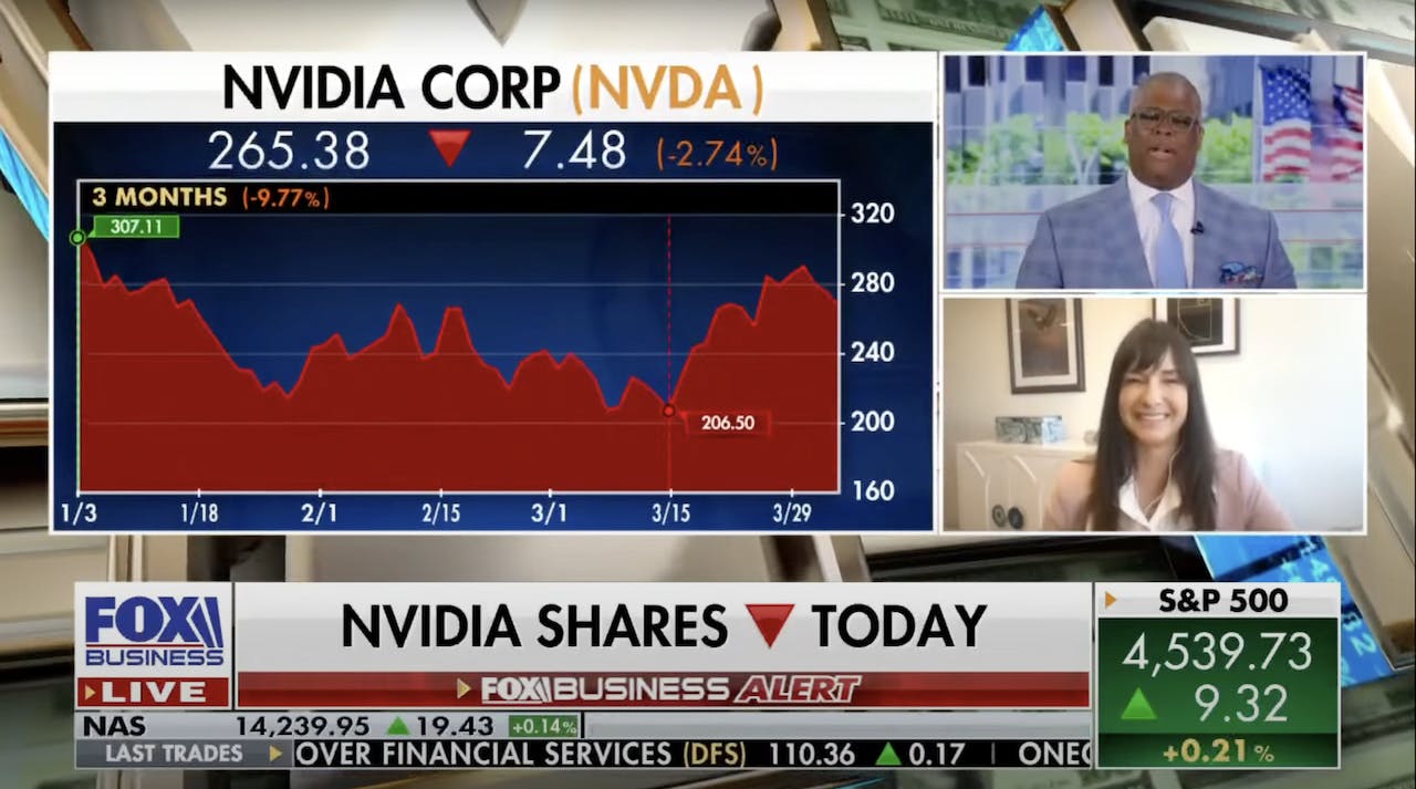 Beth Kindig, I/O Fund CEO, discusses Nvidia and Bitcoin stocks on FOX Business, after being crowned ‘Queen of Nvidia’ by Charles Payne, following her April Fools’ prank about selling $NVDA.