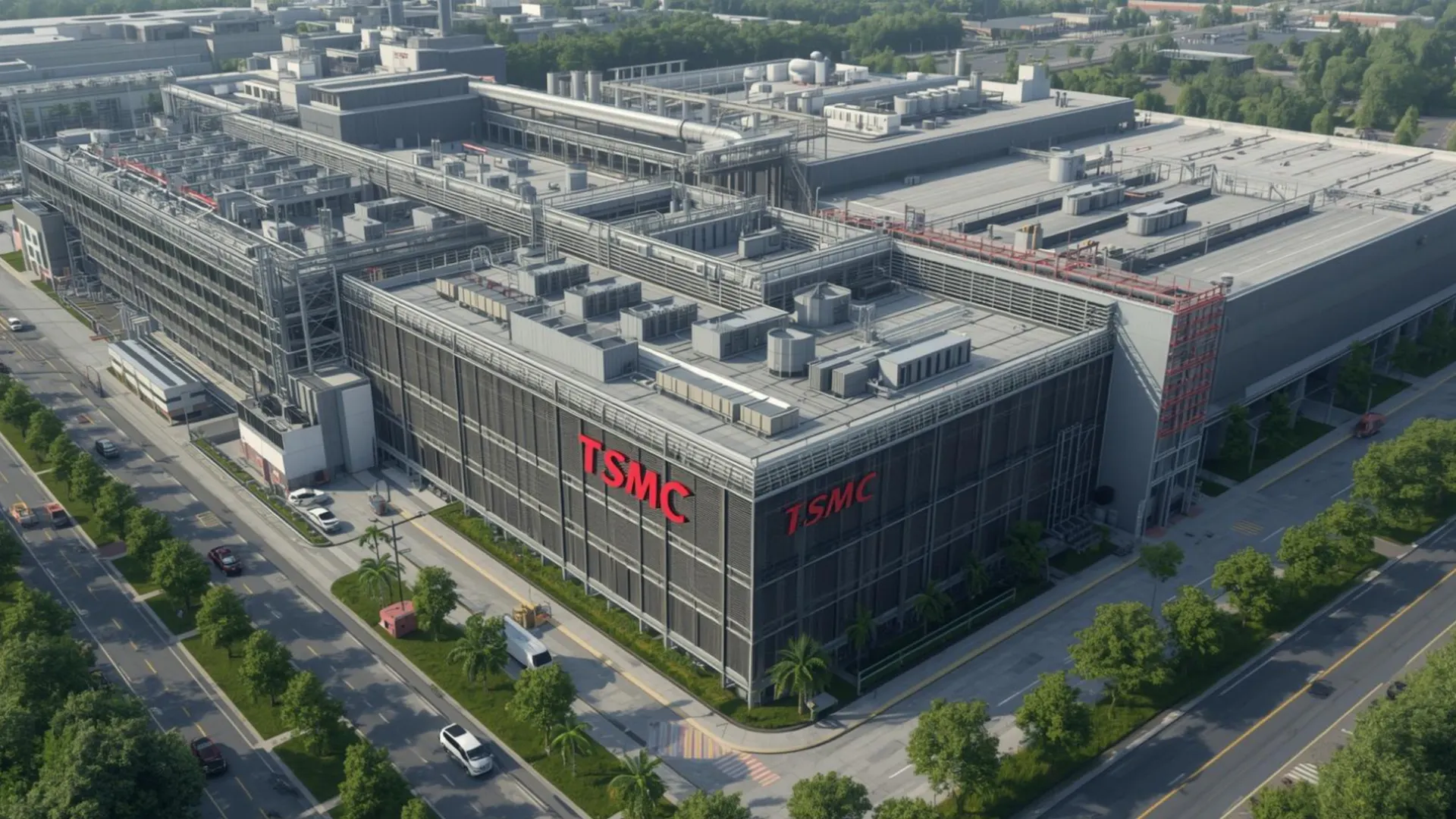 TSMC semiconductor manufacturing facility (fab) with the company logo on the building.