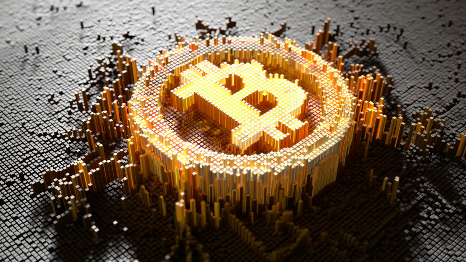 3D rendering of a glowing gold Bitcoin logo emerging from a grid of raised digital blocks with illuminated edges highlighting the Bitcoin symbol.