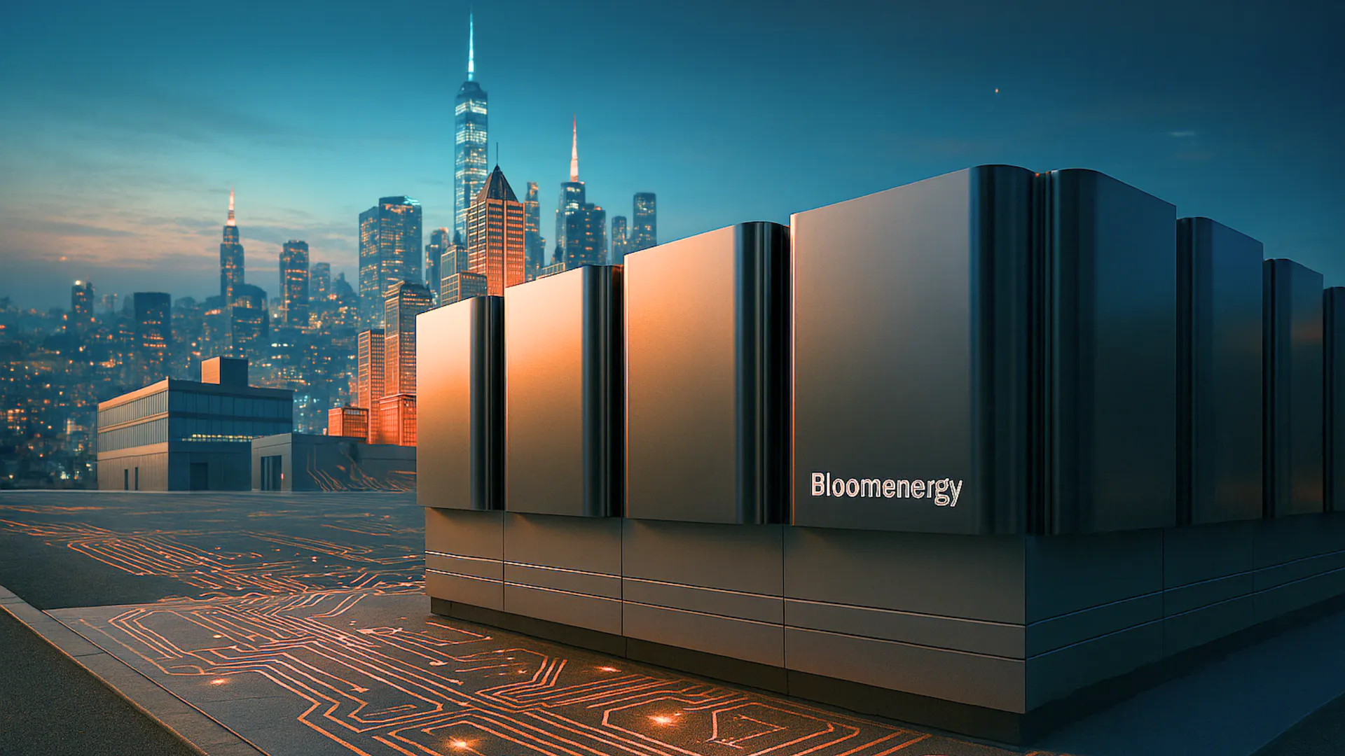 Bloom energy storage units surrounded by circuit‑like lighting, with a modern city skyline in the distance.
