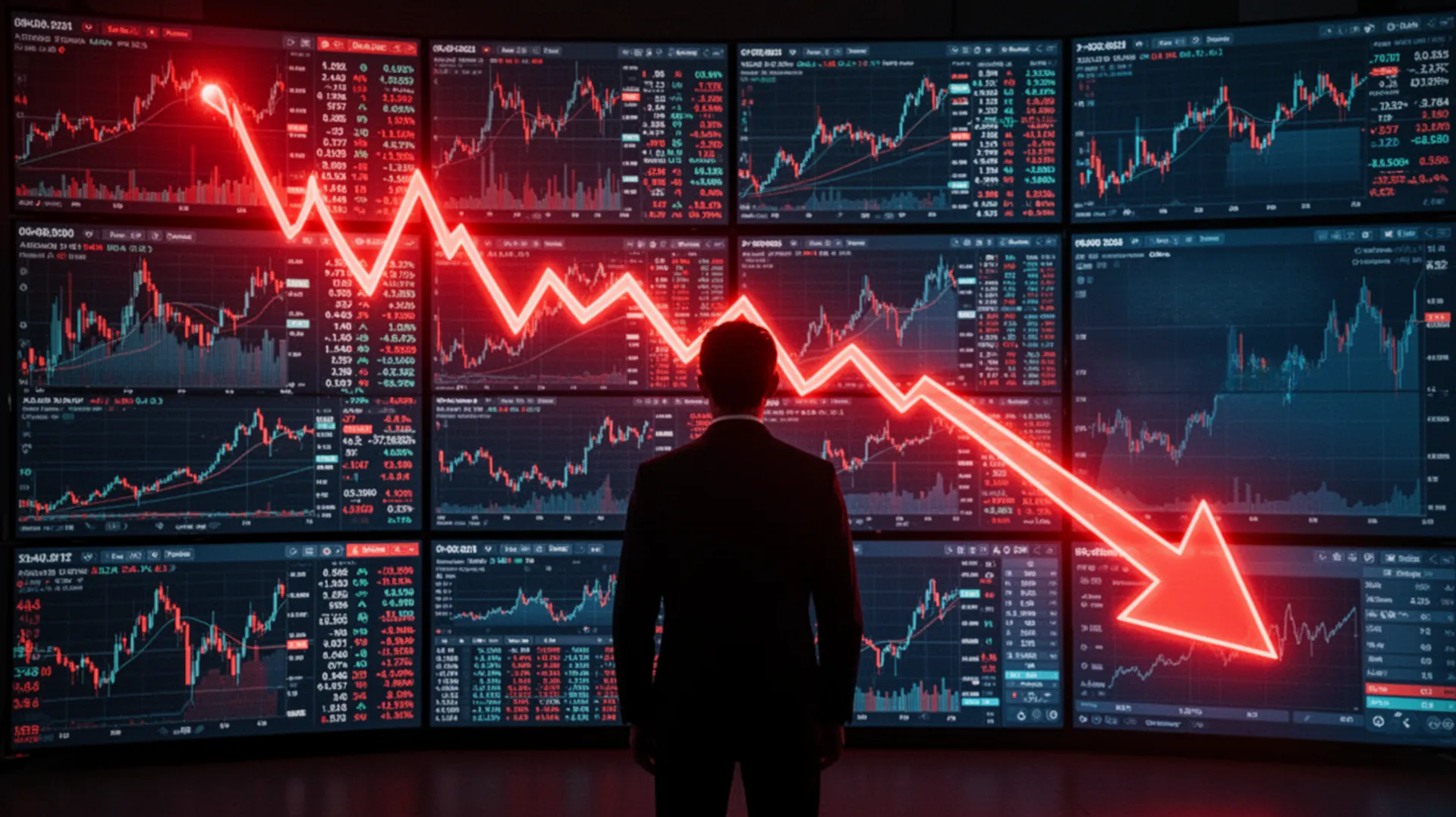 Multiple monitors displaying stock market charts with a sharp red downward arrow indicating a market decline, viewed from behind an individual.