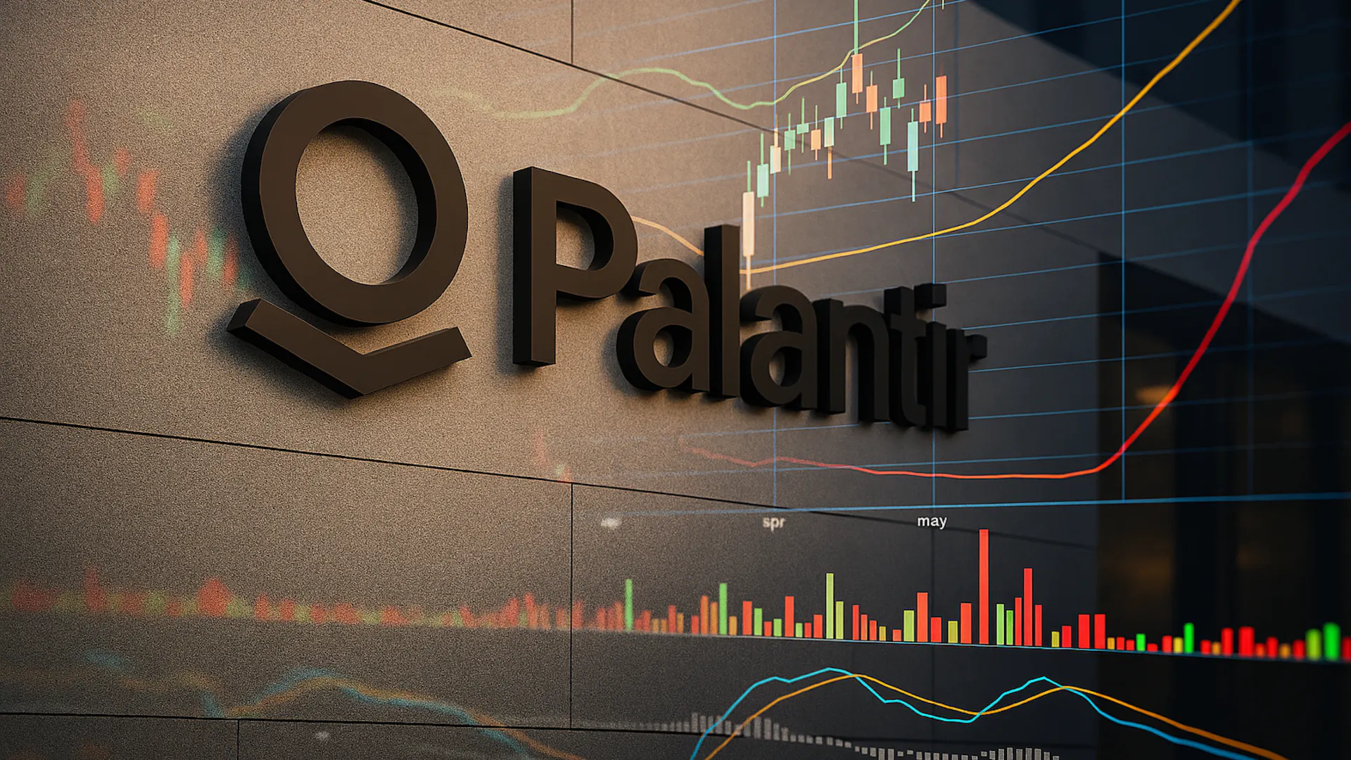 Palantir sign with overlaid stock market chart patterns.