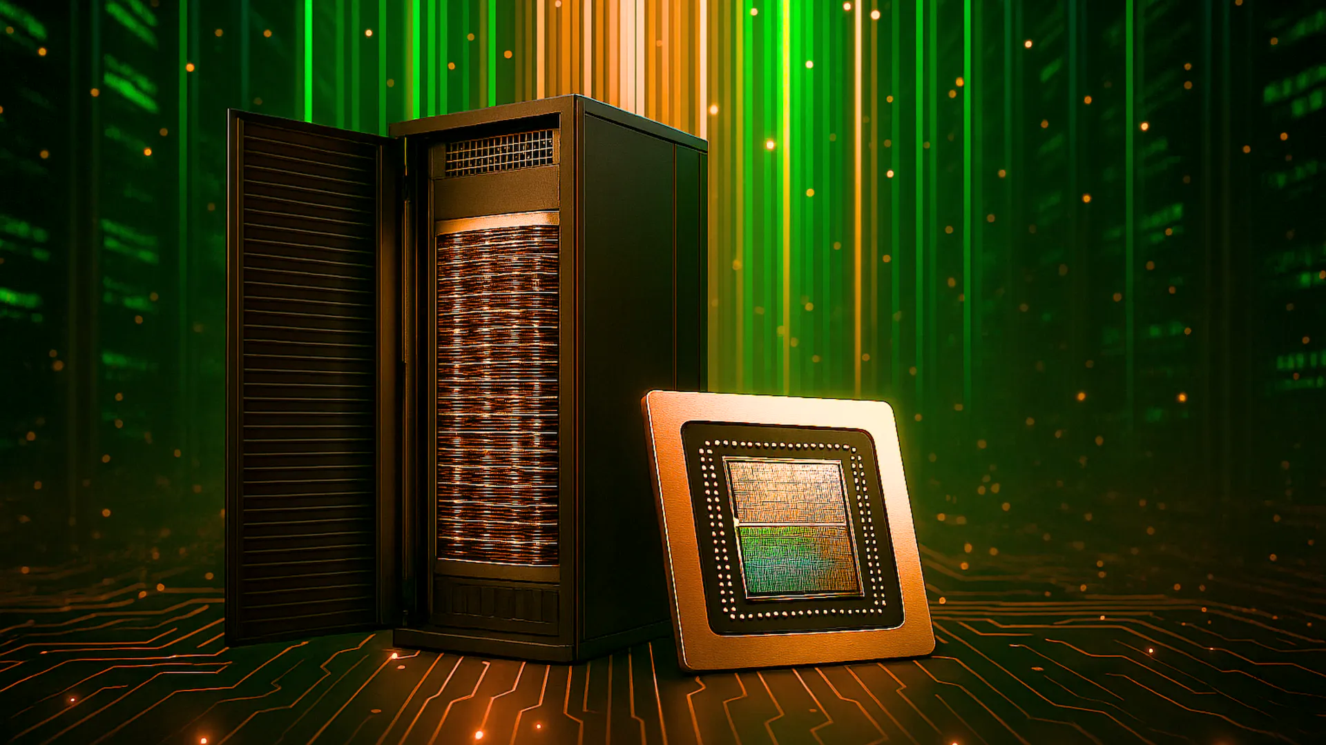 AI server rack and processor chip with green and gold vertical light streams in a futuristic data‑center background.