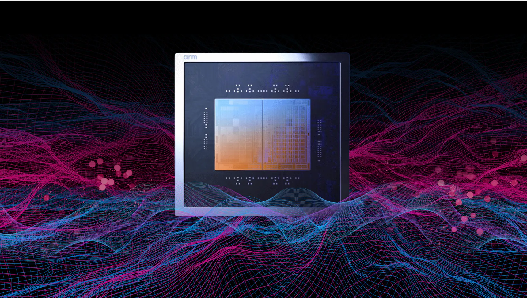 An AI CPU chip with abstract blue and magenta neural network waves, symbolizing the growing role of CPUs in agentic AI workloads.