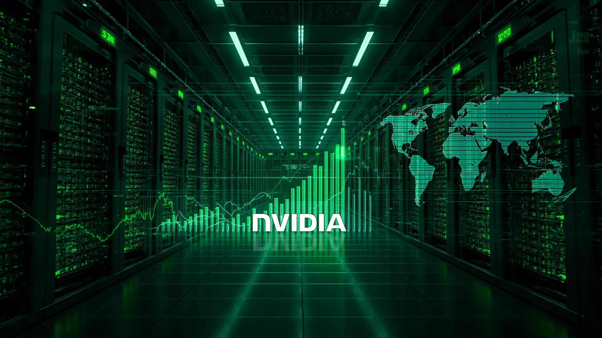A futuristic data center hallway with green-lit server racks, overlaid growth charts, a digital world map, and the word “NVIDIA” centered, suggesting global high-performance computing and growth.