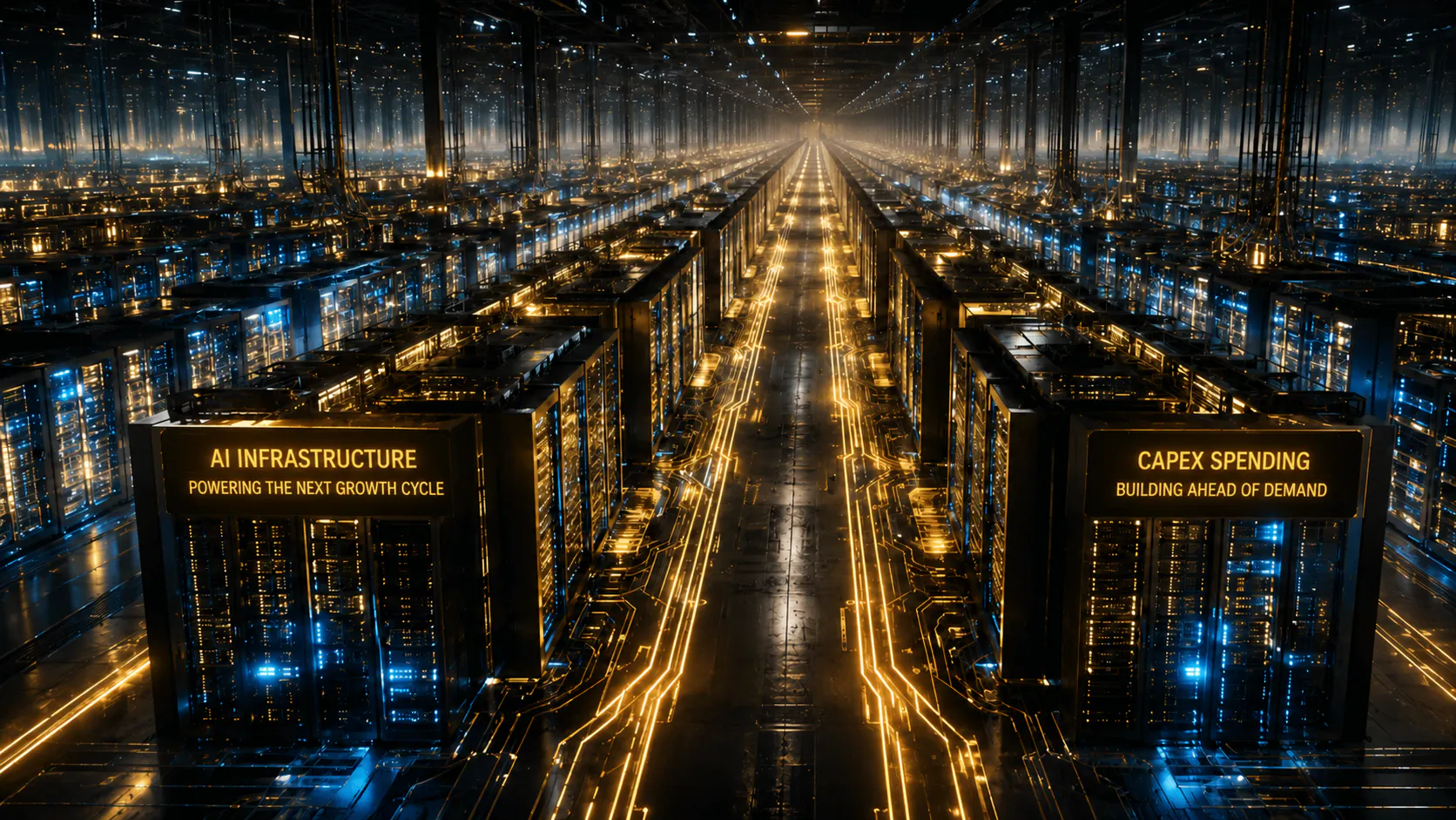 Futuristic AI data center filled with server racks and glowing network pathways, representing large-scale AI infrastructure investment and rising capital expenditures to meet growing demand.