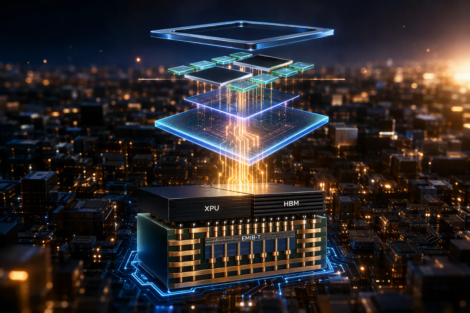 Illustration of Intel EMIB-T advanced packaging connecting AI compute dies and HBM memory as an alternative to TSMC CoWoS.
