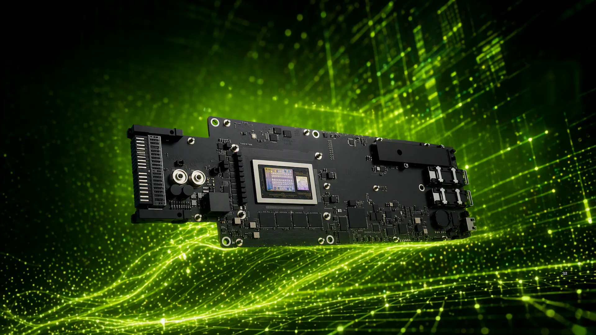 NVIDIA BlueField networking platform card shown on a green digital network background.