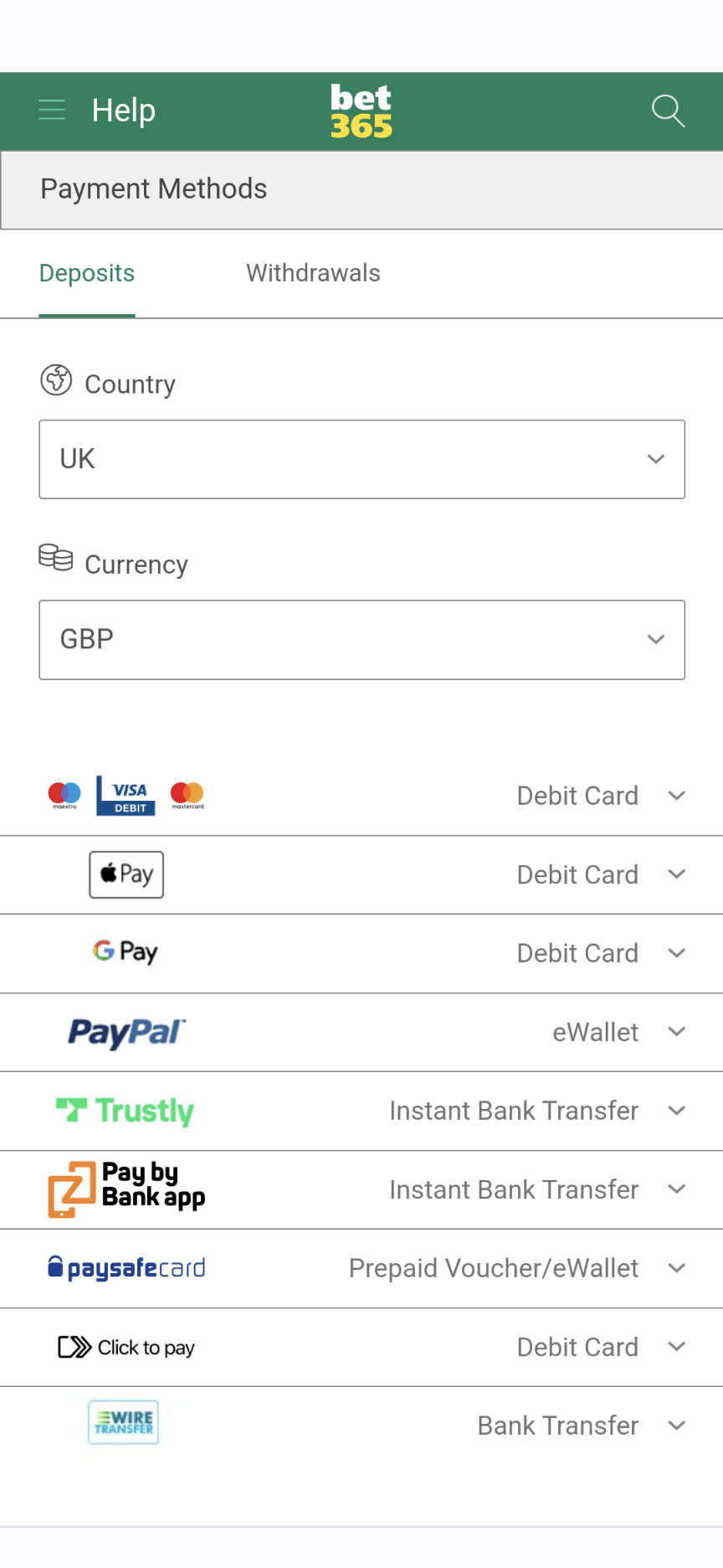 bet365 deposit methods