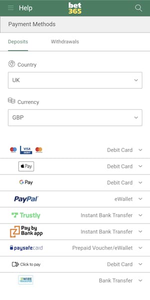 bet365 deposit methods