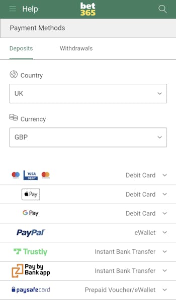 bet365 deposit methods