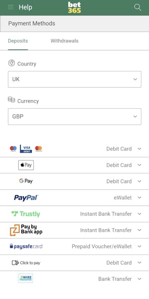 bet365 deposit methods