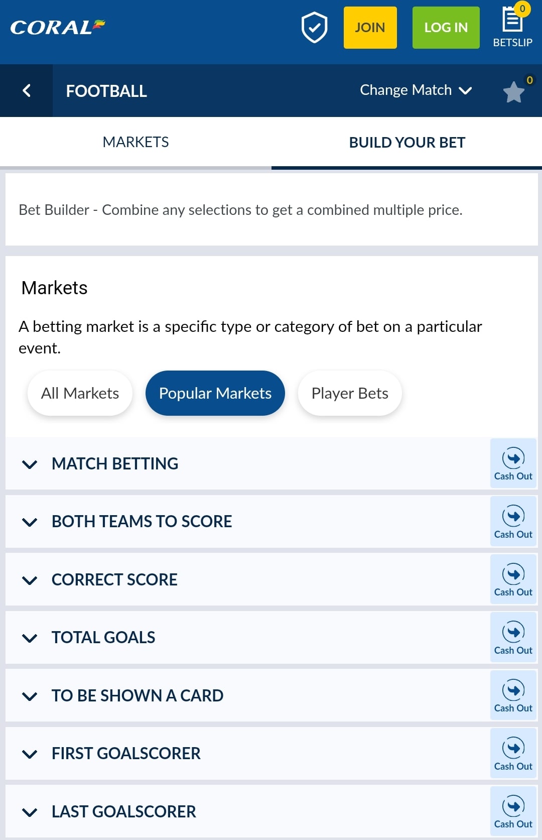 Coral bet builder