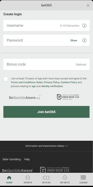 bet365 username and password app
