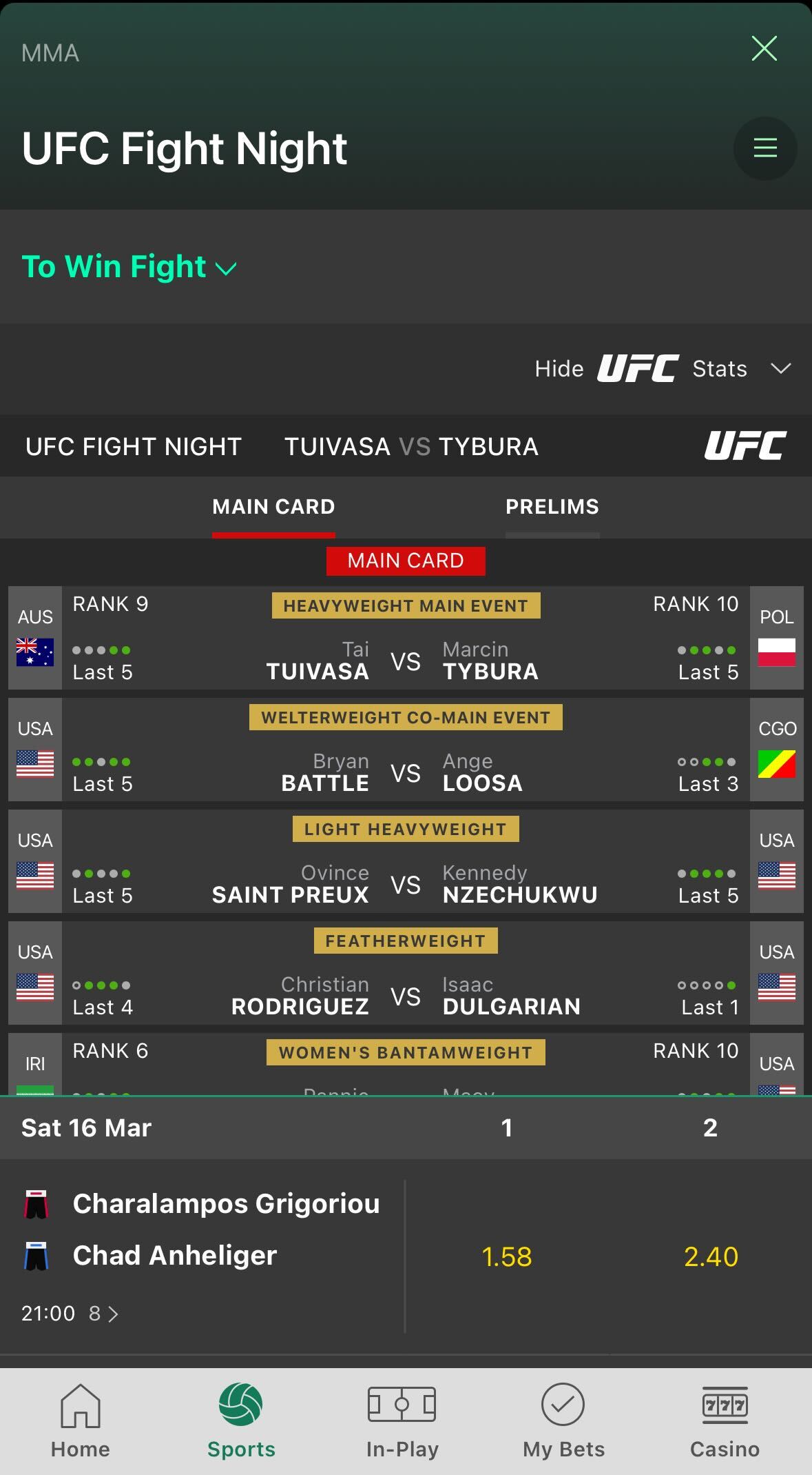 Bet365 UFC betting fight night page