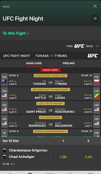 Bet365 UFC betting fight night page