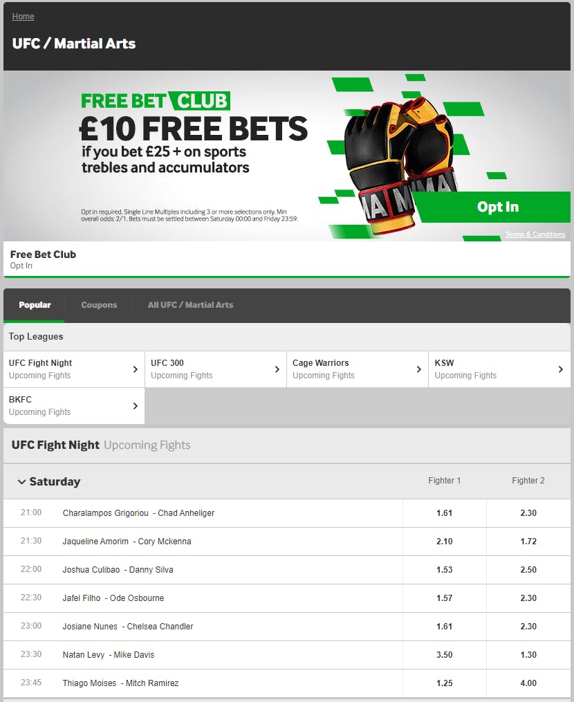 UFC betting on Betway