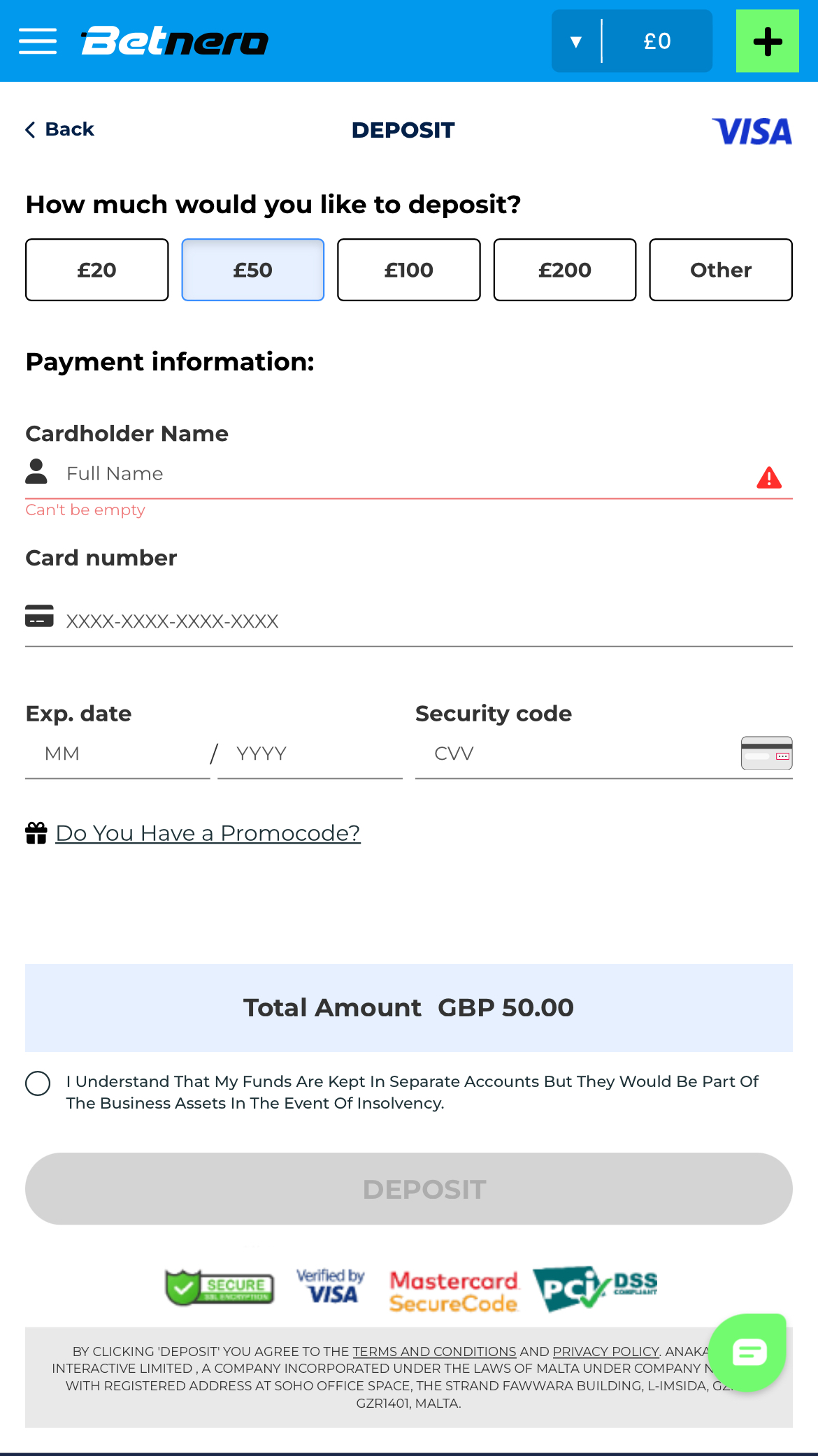 BetNero Deposit Process