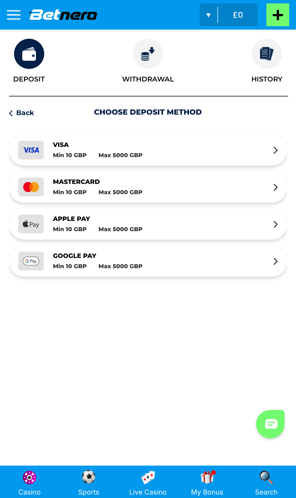 BetNero Deposit Options