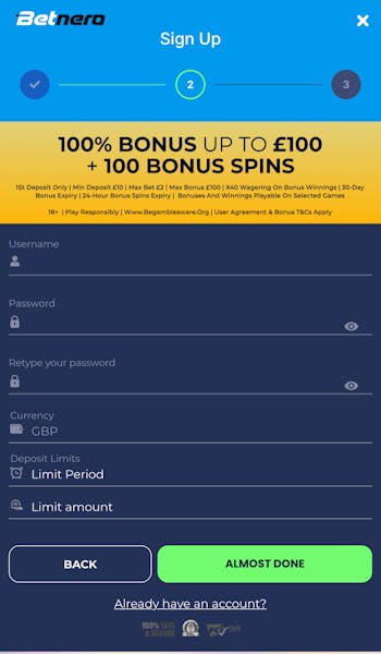 BetNero Sign up step 3