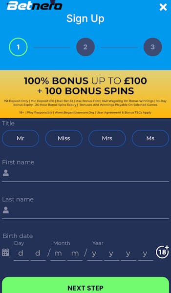 BetNero Sign up step 2